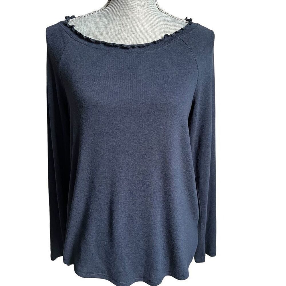 NWT Gibson Knit Top size Small Navy Blue Ruffled Collar Raglan Pullover Sweater